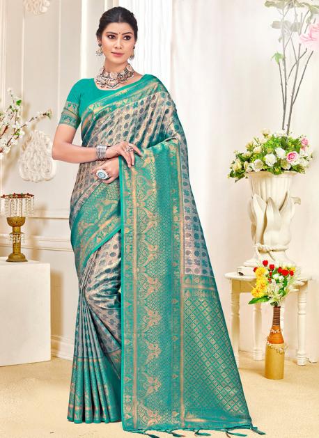 Buy Kanjivaram Silk Sky Blue Festival Wear Weaving Saree Online From